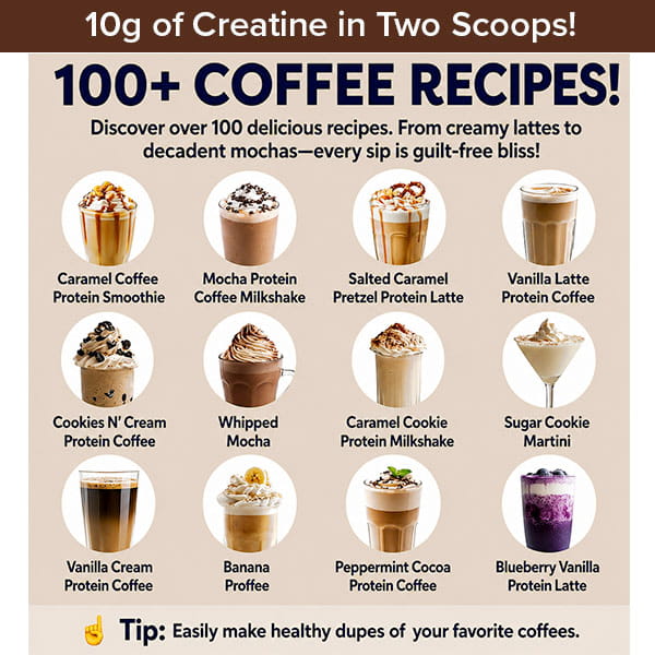 A collage of 12 coffee drinks with labels—including Caramel Coffee, Mocha Milkshake, Vanilla Latte, and Peppermint Cookie—advertises over 100 recipes for PowerRoast™ Protein + Creatine Coffee. It features options like creatine coffee and cold-brewed blends, plus a tip for crafting healthy coffee dupes.