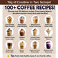 A collage of 12 coffee drinks with labels—including Caramel Coffee, Mocha Milkshake, Vanilla Latte, and Peppermint Cookie—advertises over 100 recipes for PowerRoast™ Protein + Creatine Coffee. It features options like creatine coffee and cold-brewed blends, plus a tip for crafting healthy coffee dupes.