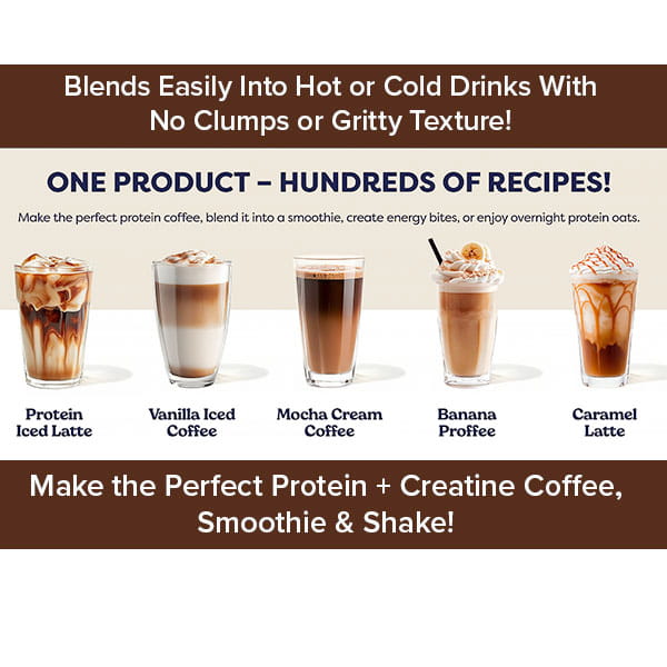 Five iced coffee drinks featuring PowerRoast™ Protein + Creatine Coffee in flavors such as Protein Iced Latte, Vanilla Iced Coffee, Mocha Cream Coffee, Banana Protein Latte, and Caramel Latte are arranged on a beige background, with text highlighting protein coffee and creatine coffee recipes.