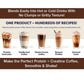 Five iced coffee drinks featuring PowerRoast™ Protein + Creatine Coffee in flavors such as Protein Iced Latte, Vanilla Iced Coffee, Mocha Cream Coffee, Banana Protein Latte, and Caramel Latte are arranged on a beige background, with text highlighting protein coffee and creatine coffee recipes.