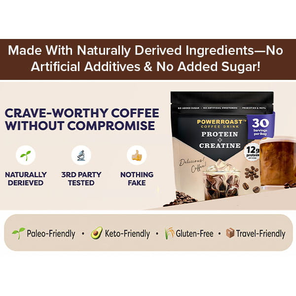 Introducing PowerRoast™ Protein + Creatine Coffee: Experience the ultimate iced coffee with a functional boost! Showcased with its convenient bag and refreshing cold-brew, PowerRoast™ contains no added sugar, no artificial additives, and is crafted from naturally derived ingredients. It’s 3rd party tested, certified paleo, keto-friendly, gluten-free, and perfectly travel-ready. Enjoy a performance-driven protein and creatine boost in every sip—ideal for fueling your active lifestyle.
