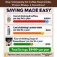 Infographic comparing yearly expenses: 2 daily coffees ($2,900+), 1 protein shake a day ($900), or 2 cups of PowerRoast™ Protein + Creatine Coffee per day ($700). Showcases $3,100+ savings with PowerRoast™. Features images of each beverage and a money-saving tip.