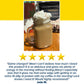 A mason jar filled with iced PowerRoast™ Protein + Creatine Coffee, topped with whipped cream, sits on a table. Below, a five-star review from Jade M. highlights the energy boost and protein benefits of the product, delivering enthusiastic praise.