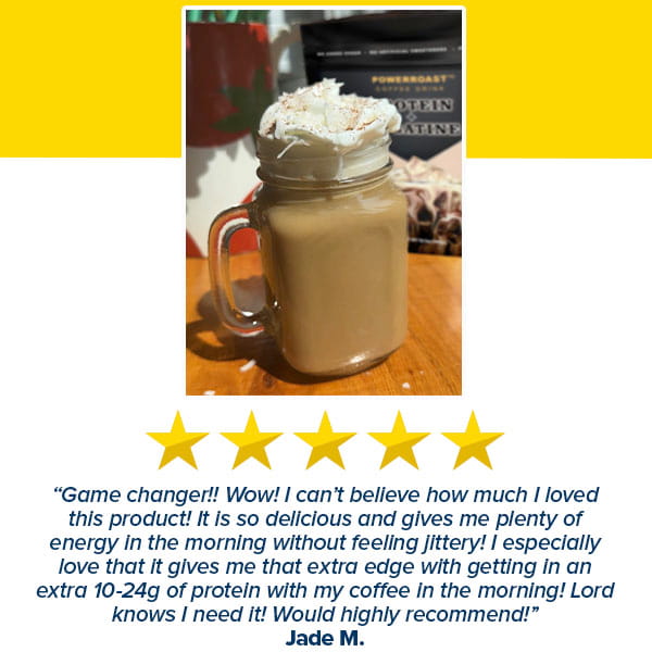 A mason jar filled with iced PowerRoast™ Protein + Creatine Coffee, topped with whipped cream, sits on a table. Below, a five-star review from Jade M. highlights the energy boost and protein benefits of the product, delivering enthusiastic praise.