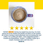 An overhead shot of a cup of coffee, encircled by a five-star rating and a glowing testimonial for PowerRoast™ Protein + Creatine Coffee's effectiveness for weight loss, attributed to Sarah H., set against a yellow and white background.