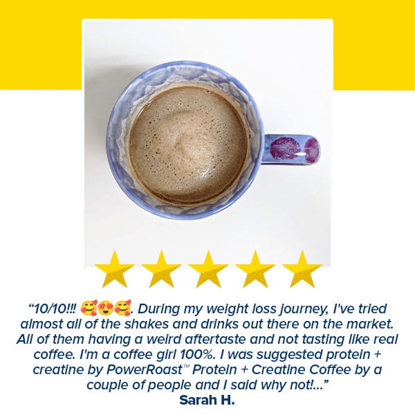 An overhead shot of a cup of coffee, encircled by a five-star rating and a glowing testimonial for PowerRoast™ Protein + Creatine Coffee's effectiveness for weight loss, attributed to Sarah H., set against a yellow and white background.