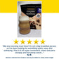 A glass jar filled with a rich, frothy brown beverage is placed in front of a PowerRoast™ Protein + Creatine Coffee pouch, highlighting the ultimate fusion of protein and coffee. Below, you’ll find a 5-star rating, a customer testimonial, and a disclaimer noting that reviews are sourced from Amazon.