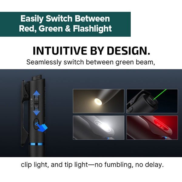 Rechargeable LED Pen Flashlight with Green Beam, Red Light & White Light