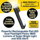 Rechargeable flat LED dual flashlight with promotional text on a yellow background