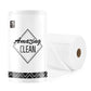 Two white Reusable Microfiber Cleaning Towels—one upright with a label reading "Reusable Microfiber Cleaning Towels (You Get 75 Towels)," the other unrolled—provide an eco-friendly alternative to disposable paper products.