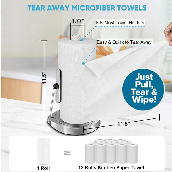 A roll of Reusable Microfiber Cleaning Towels (You Get 75 Towels) sits on the counter. These super-absorbent, 11.5 x 11 towels fit most holders, tear easily, and replace 12 paper towel rolls for an eco-friendly clean.