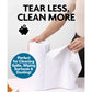 A person grabs a reusable microfiber cleaning towel from a pile on the table. Text reads: Clean more, waste less with super-absorbent Reusable Microfiber Cleaning Towels (75 pack)—perfect for spills, surfaces & dusting! Piggy bank icon shown.