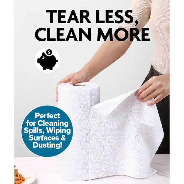 A person grabs a reusable microfiber cleaning towel from a pile on the table. Text reads: Clean more, waste less with super-absorbent Reusable Microfiber Cleaning Towels (75 pack)—perfect for spills, surfaces & dusting! Piggy bank icon shown.