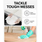 Two images: hands use Reusable Microfiber Cleaning Towels (75-count) to dry a plate and, wearing green gloves, clean a wooden table with spray. Text: Tackle Tough Messes. Super Absorbent. Scratch Free.