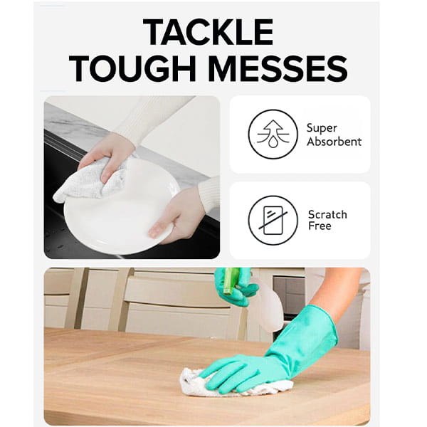 Two images: hands use Reusable Microfiber Cleaning Towels (75-count) to dry a plate and, wearing green gloves, clean a wooden table with spray. Text: Tackle Tough Messes. Super Absorbent. Scratch Free.