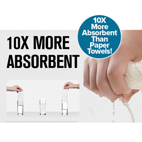 A hand wrings a cloth, releasing water. Nearby, two hands dip Reusable Microfiber Cleaning Towels (You Get 75 Towels) in glasses to show 10X MORE ABSORBENT power compared to paper towels! Switch to these super-absorbent, reusable towels today.