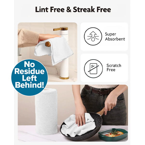 A person cleans a paper towel holder and a pan with Reusable Microfiber Cleaning Towels (75-pack) that are lint free, streak free, super absorbent, scratch free, and leave no residue behind.