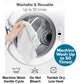 A hand puts a Reusable Microfiber Cleaning Towel (75-pack) into a front-load washer. Text: Washable & Reusable up to 50x. Use gentle cycle, no bleach, tumble dry low. Eco-friendly and super-absorbent for easy cleaning.