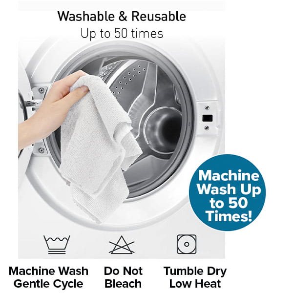 A hand puts a Reusable Microfiber Cleaning Towel (75-pack) into a front-load washer. Text: Washable & Reusable up to 50x. Use gentle cycle, no bleach, tumble dry low. Eco-friendly and super-absorbent for easy cleaning.