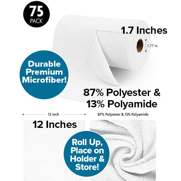 The Reusable Microfiber Cleaning Towels (You Get 75 Towels) are eco-friendly, super-absorbent cloths—each 12 x 1.7 inches, made of 87% polyester/13% polyamide—shown rolled for storage and unrolled for use.
