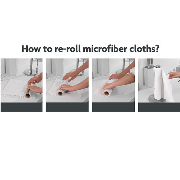 Four-panel image shows hands rolling a Reusable Microfiber Cleaning Towel (You Get 75 Towels) onto a cardboard tube, then placing it on a paper towel holder. Text above: How to re-roll microfiber towels?.