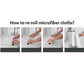 Four-panel image shows hands rolling a Reusable Microfiber Cleaning Towel (You Get 75 Towels) onto a cardboard tube, then placing it on a paper towel holder. Text above: How to re-roll microfiber towels?.