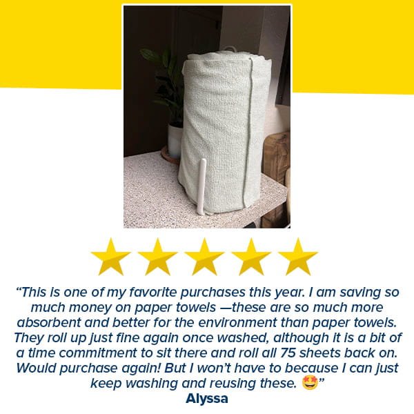 A roll of Reusable Microfiber Cleaning Towels (75 towels) sits on a kitchen counter. Alyssa’s 5-star review highlights their absorbency, value, and eco-friendliness, recommending these sustainable towels for every home.