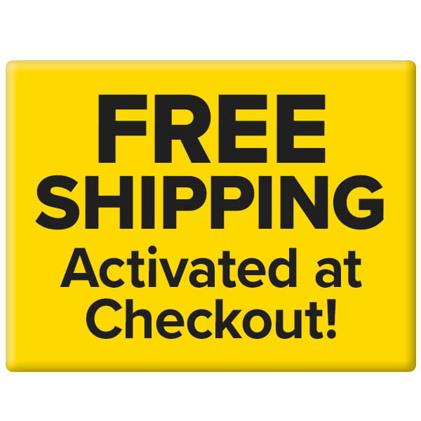 A yellow sign with bold black text that says FREE SHIPPING Activated at Checkout!—perfect for stocking up on essentials like the Shower Filter for Natural Skin & Healthy Hair.