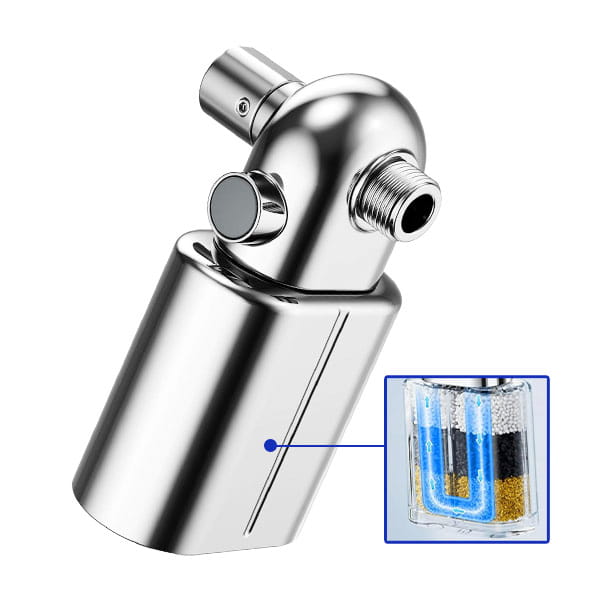 Introducing the Shower Filter for Natural Skin & Healthy Hair—a shiny silver shower filter featuring a visible circular attachment point and a cutaway inset that reveals advanced filtration layers in blue, black, white, and gold. This filter helps remove impurities from your water to support healthy hair and skin.
