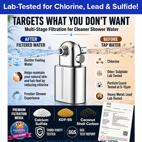 The Shower Filter for Natural Skin & Healthy Hair is showcased with icons and text illustrating its effective reduction of chlorine, lead, and sulfide from water. This advanced filter supports healthy hair by delivering cleaner, gentler water. Benefits, key features, and certification logos are displayed alongside a blue banner at the top.
