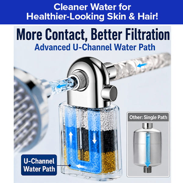 A diagram compares the Shower Filter for Natural Skin & Healthy Hair—featuring an advanced U-channel water path with colored chlorine filter layers for superior filtration—to a standard single-path filter. The text emphasizes cleaner water for healthier skin and hair.