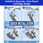 Step-by-step instructions for quickly installing the Shower Filter for Natural Skin & Healthy Hair, showing how to attach, align, reattach the shower head, and flush water for 60 seconds. Features a blue and white design with a water background—perfect for promoting healthy hair.