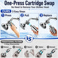 Infographic comparing the three-step, one-press cartridge swap of the Shower Filter for Natural Skin & Healthy Hair with the five-step process of traditional filters, using clear images and labels for each stage. Emphasizes how its advanced chlorine filter technology makes cartridge changes simpler and faster, supporting healthier hair.