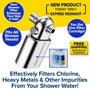 Shower Filter for Natural Skin & Healthy Hair—promo banners showcase benefits such as enhanced skin, healthier hair, universal fit, one included cartridge, and free shipping. The text highlights that this chlorine filter removes heavy metals and impurities from your shower water for a truly refreshing clean.