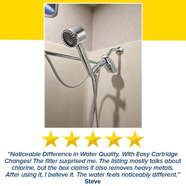 A Shower Filter for Natural Skin & Healthy Hair is attached to a showerhead in a tiled bathroom. Below the image, there’s a five-star review praising the chlorine filter for improving water quality and making cartridge changes easy, with the reviewer’s name, Steve.