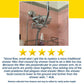 A 5-star review for the Shower Filter for Natural Skin & Healthy Hair highlights its compact design, effective chlorine filtration, and improved shower head placement for healthier hair. The chrome filter is mounted on a pink tiled wall above a shower caddy.