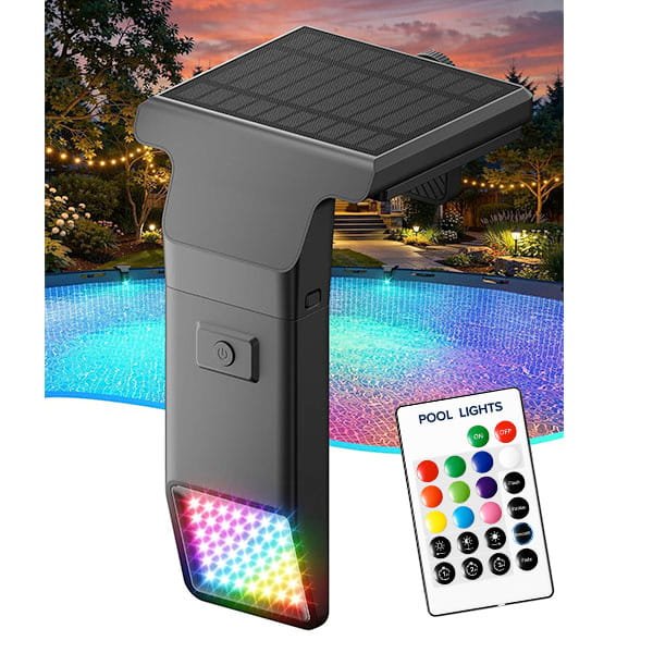 The Solar Pool Lights for Inground & Above Ground Pool feature a front control button and remote for easy color and setting changes. Multicolored LED lights illuminate your backyard pool at dusk, creating a vibrant, glowing atmosphere.