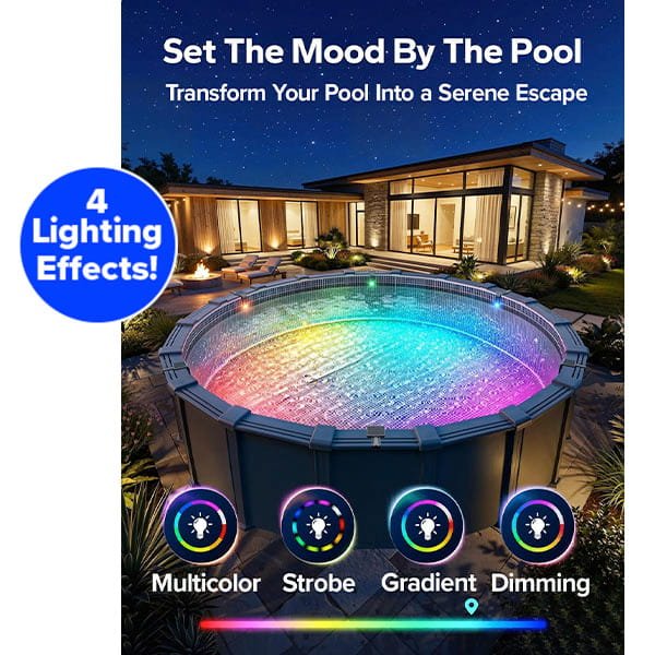 Solar Pool Lights for Inground & Above Ground Pool illuminate a round backyard pool with Multicolor, Strobe, Gradient, and Dimming effects, creating vibrant underwater brilliance and enhancing the modern look of your outdoor space at night.