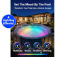 Solar Pool Lights for Inground & Above Ground Pool illuminate a round backyard pool with Multicolor, Strobe, Gradient, and Dimming effects, creating vibrant underwater brilliance and enhancing the modern look of your outdoor space at night.