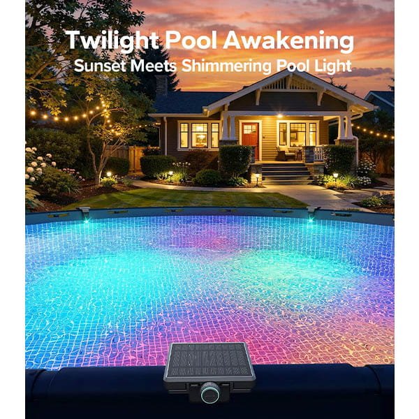 At sunset, a backyard with house and garden lights features a round pool illuminated by Solar Pool Lights for Inground & Above Ground Pool; text reads: Twilight Pool Awakening – Sunset Meets Shimmering Solar Light.