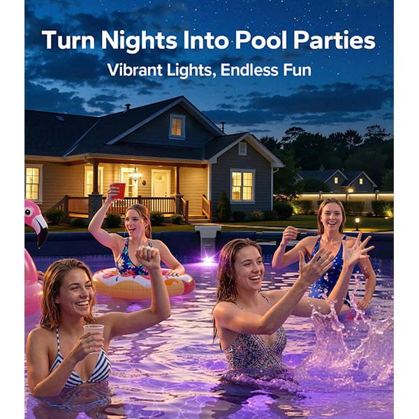 Four young women enjoy a night pool party with Solar Pool Lights for Inground & Above Ground Pools, surrounded by colorful lights and inflatable toys as they smile and have fun in the water. A warmly lit house glows in the background under a starry sky.