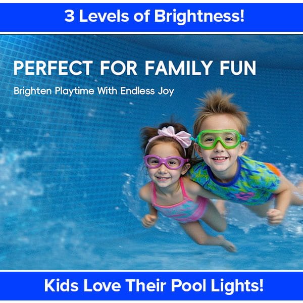 Two kids wearing goggles swim underwater in a pool, smiling and holding hands. Text reads “3 Levels of Brightness!” and “Perfect for Family Fun,” with playful graphics highlighting Solar Pool Lights for Inground & Above Ground Pool.