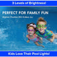 Two kids wearing goggles swim underwater in a pool, smiling and holding hands. Text reads “3 Levels of Brightness!” and “Perfect for Family Fun,” with playful graphics highlighting Solar Pool Lights for Inground & Above Ground Pool.