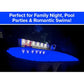A glowing blue above-ground pool at night lit by Solar Pool Lights for Inground & Above Ground Pool, with fencing and a red float. Text: Perfect for Family Night, Pool Parties & Romantic Swims!.
