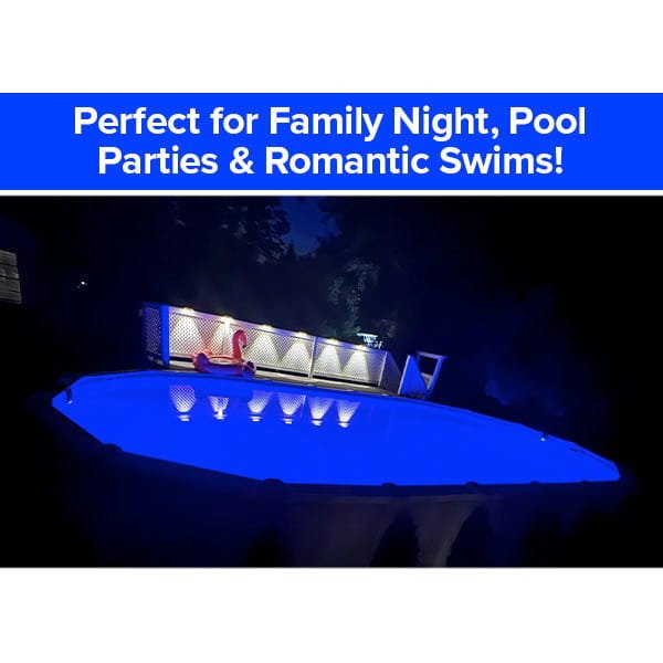 A glowing blue above-ground pool at night lit by Solar Pool Lights for Inground & Above Ground Pool, with fencing and a red float. Text: Perfect for Family Night, Pool Parties & Romantic Swims!.