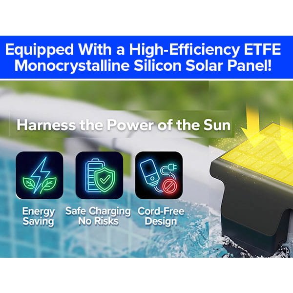 Promotional graphic for Solar Pool Lights for Inground & Above Ground Pool shows icons for energy saving, safe no-risk charging, and cord-free design—featuring a high-efficiency ETFE monocrystalline silicon solar panel.