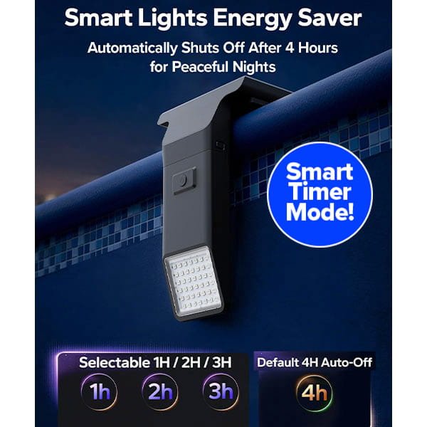 Solar Pool Lights for Inground & Above Ground Pool shown on a fence. Image highlights energy saving, auto shut off after 4 hours, smart timer mode, and selectable timers for 1, 2, or 3 hours.