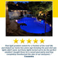 At night, a backyard pool glows with Solar Pool Lights for Inground & Above Ground Pool. A large inflatable alligator floats nearby, with patio furniture in the background. Five gold stars and a customer review appear below.