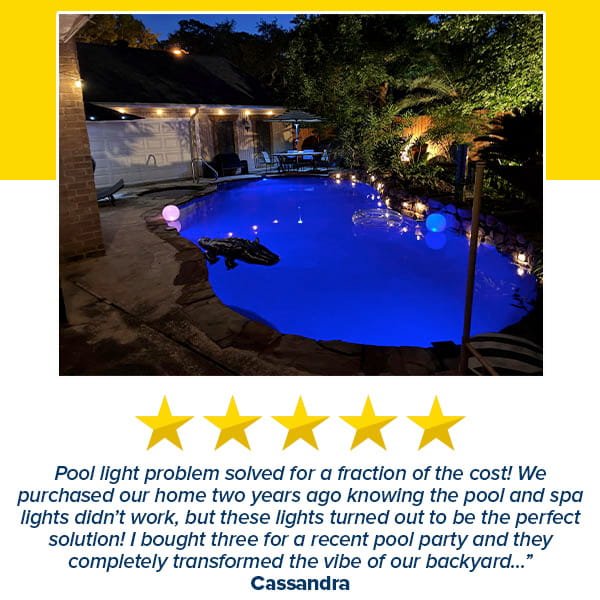 At night, a backyard pool glows with Solar Pool Lights for Inground & Above Ground Pool. A large inflatable alligator floats nearby, with patio furniture in the background. Five gold stars and a customer review appear below.