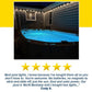 A glowing above-ground pool at night is brightly lit by Solar Pool Lights for Inground & Above Ground Pool, surrounded by a deck and house. Below the image are five gold stars and a customer review from Cody S.